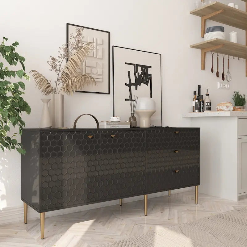 Credenza a 2 ante con 3 cassetti, bianca/blu/verde/nera, gambe dorate, montaggio a 2 persone