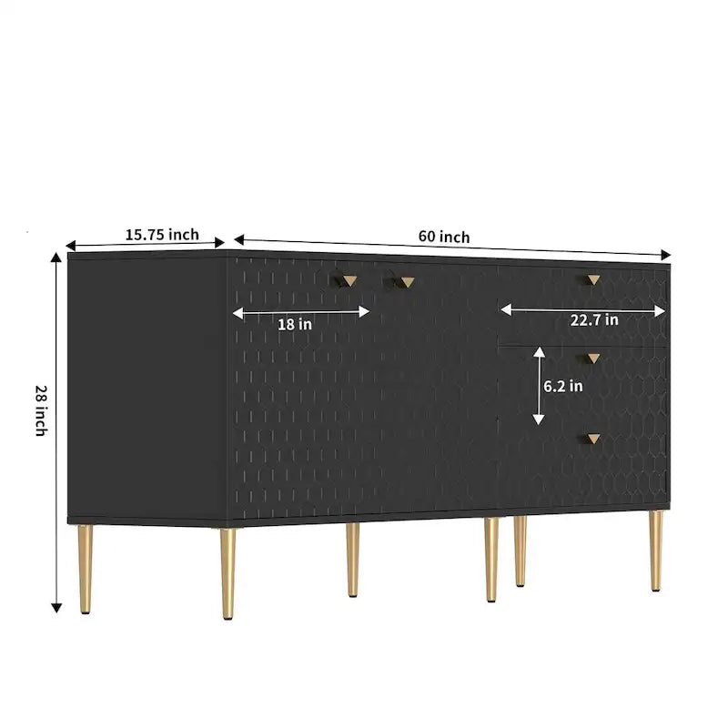 Credenza a 2 ante con 3 cassetti, bianca/blu/verde/nera, gambe dorate, montaggio a 2 persone