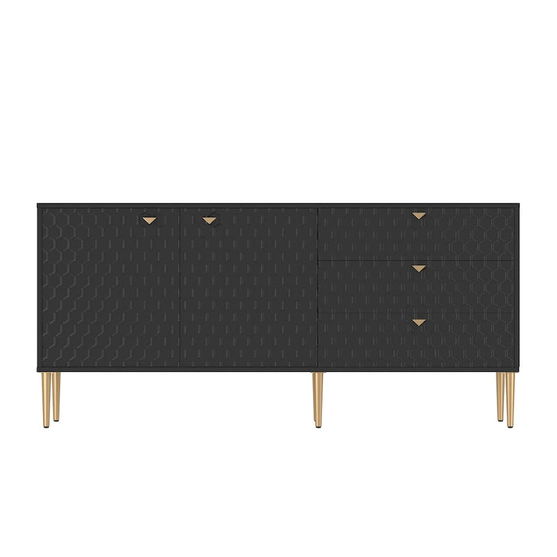 Credenza a 2 ante con 3 cassetti, bianca/blu/verde/nera, gambe dorate, montaggio a 2 persone