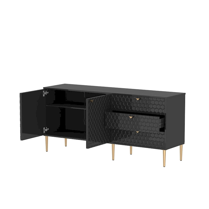 Credenza a 2 ante con 3 cassetti, bianca/blu/verde/nera, gambe dorate, montaggio a 2 persone