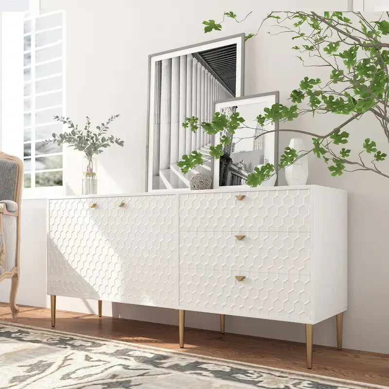 Credenza a 2 ante con 3 cassetti, bianca/blu/verde/nera, gambe dorate, montaggio a 2 persone