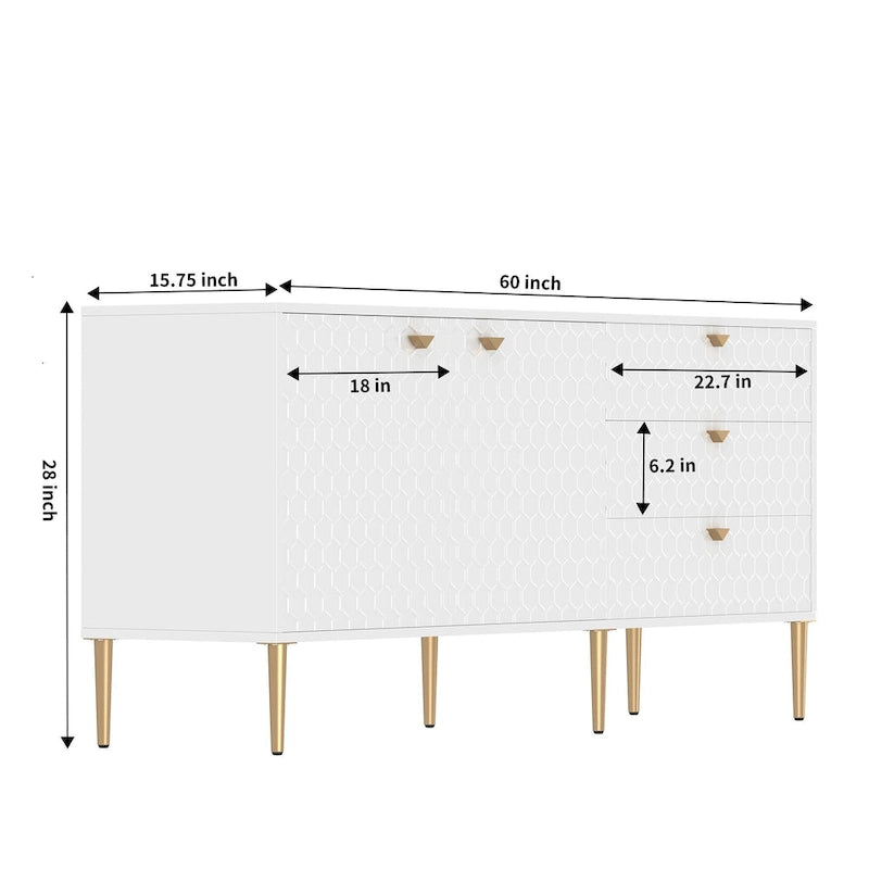 Credenza a 2 ante con 3 cassetti, bianca/blu/verde/nera, gambe dorate, montaggio a 2 persone