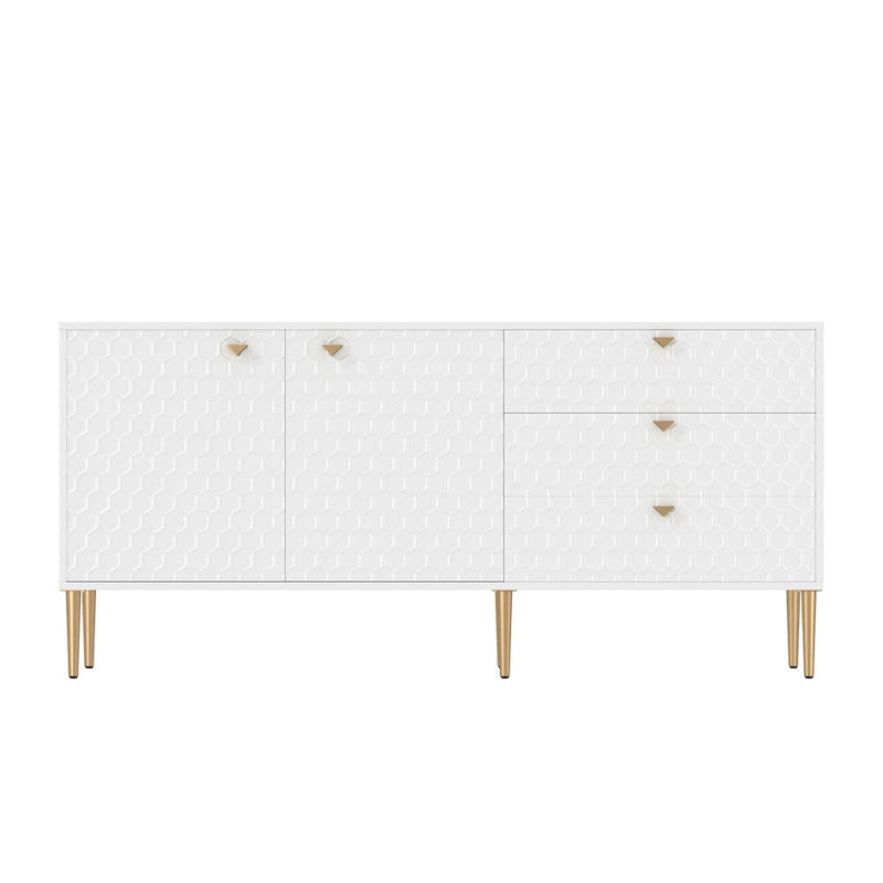 Credenza a 2 ante con 3 cassetti, bianca/blu/verde/nera, gambe dorate, montaggio a 2 persone