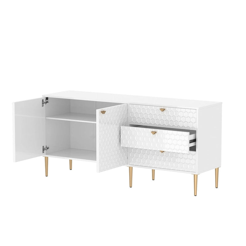 Credenza a 2 ante con 3 cassetti, bianca/blu/verde/nera, gambe dorate, montaggio a 2 persone