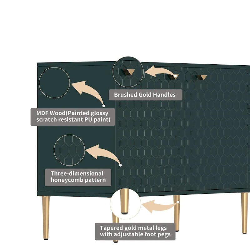 Credenza a 2 ante con 3 cassetti, bianca/blu/verde/nera, gambe dorate, montaggio a 2 persone