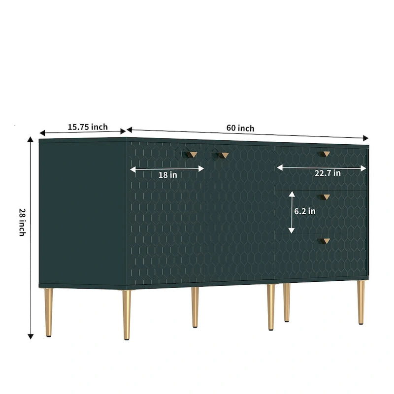 Credenza a 2 ante con 3 cassetti, bianca/blu/verde/nera, gambe dorate, montaggio a 2 persone