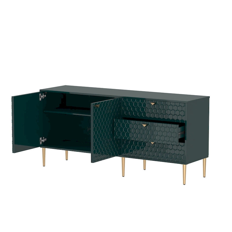 Credenza a 2 ante con 3 cassetti, bianca/blu/verde/nera, gambe dorate, montaggio a 2 persone