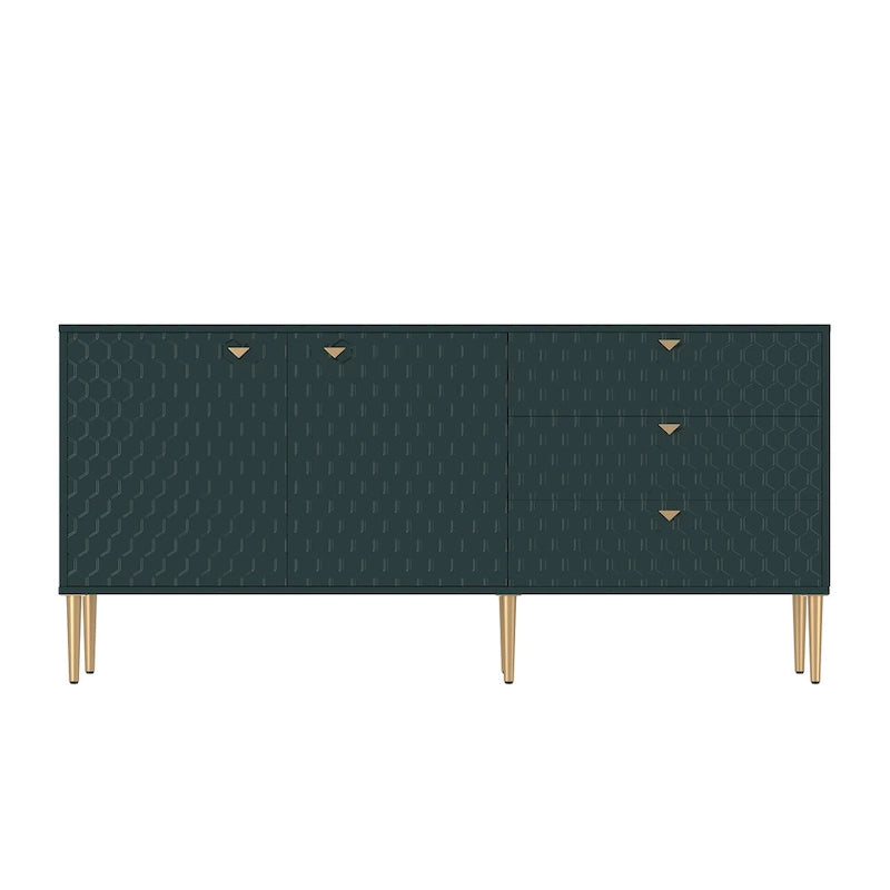 Credenza a 2 ante con 3 cassetti, bianca/blu/verde/nera, gambe dorate, montaggio a 2 persone