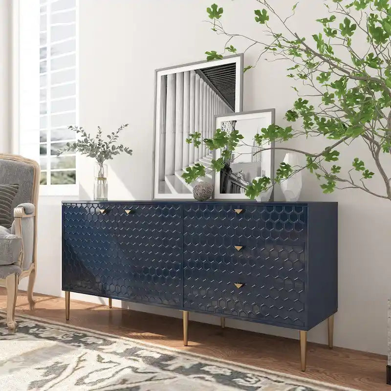 Credenza a 2 ante con 3 cassetti, bianca/blu/verde/nera, gambe dorate, montaggio a 2 persone