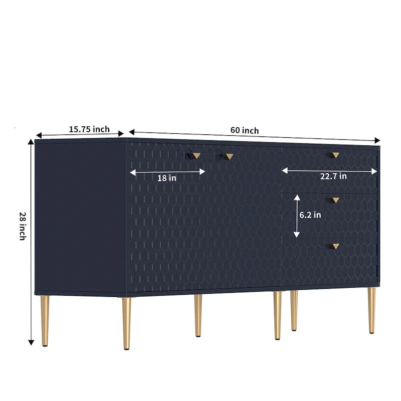 Credenza a 2 ante con 3 cassetti, bianca/blu/verde/nera, gambe dorate, montaggio a 2 persone