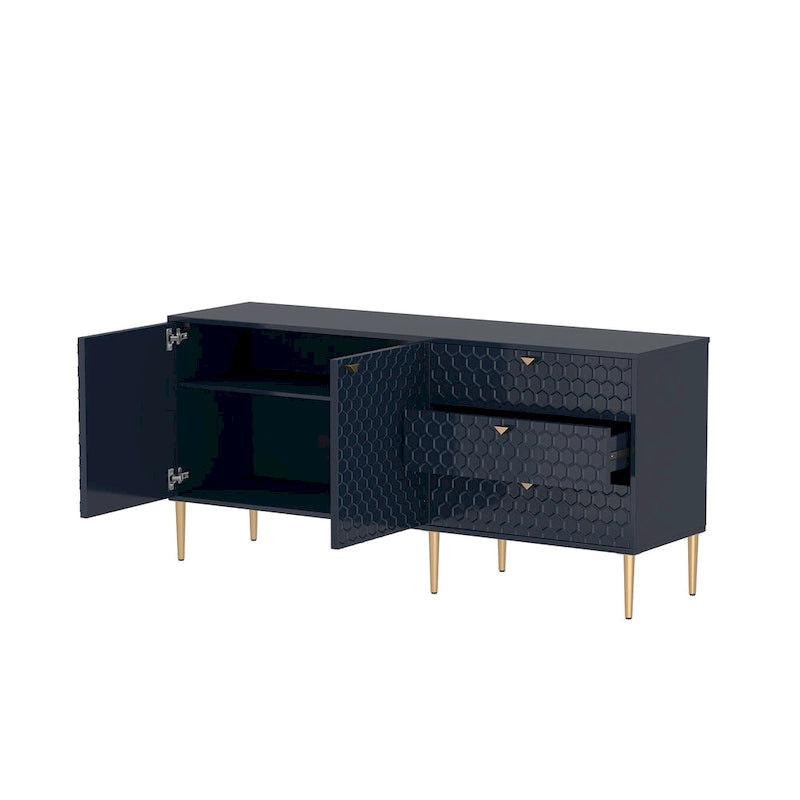 Credenza a 2 ante con 3 cassetti, bianca/blu/verde/nera, gambe dorate, montaggio a 2 persone