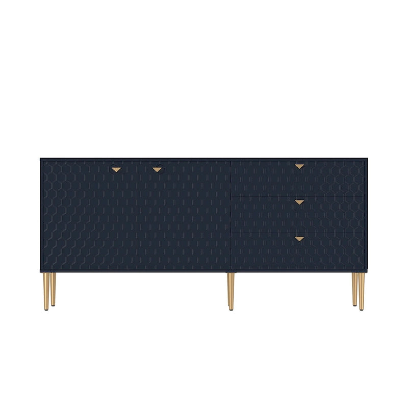 Credenza a 2 ante con 3 cassetti, bianca/blu/verde/nera, gambe dorate, montaggio a 2 persone