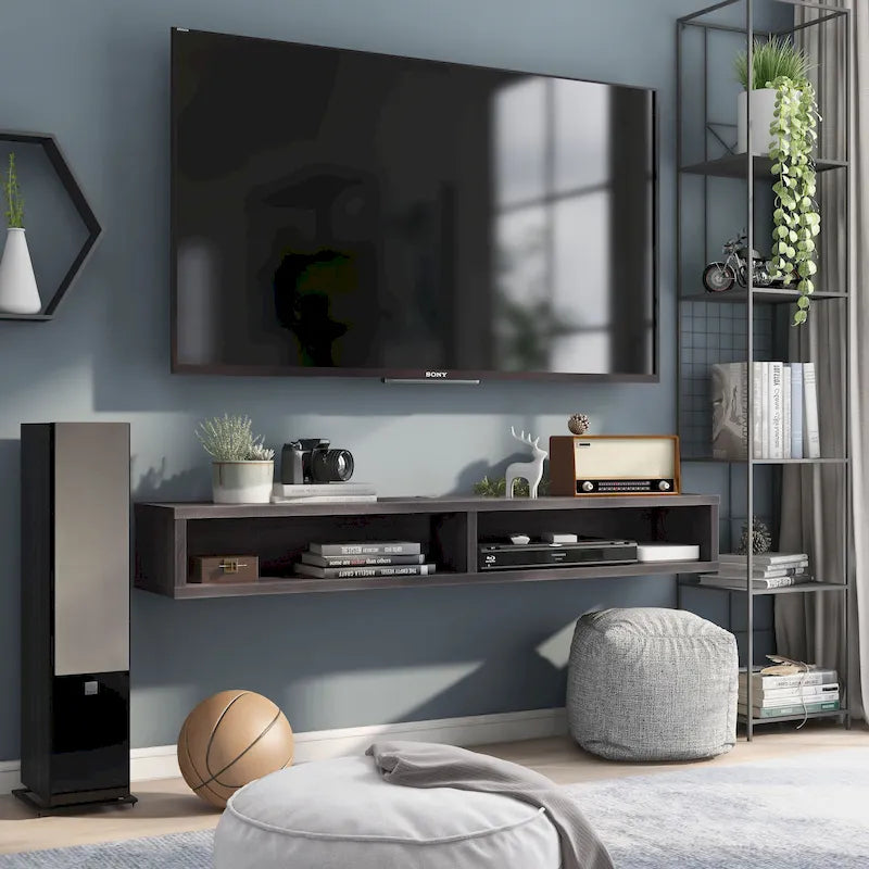 Consolle Multimediale Galleggiante da Parete a 2 Ripiani da 60" – Rovere Invecchiato / Cappuccino / Grigio Anticato / Nero