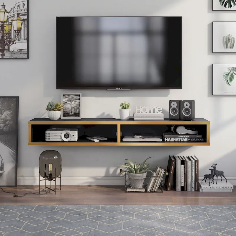 Consolle Multimediale Galleggiante da Parete a 2 Ripiani da 60" – Rovere Invecchiato / Cappuccino / Grigio Anticato / Nero