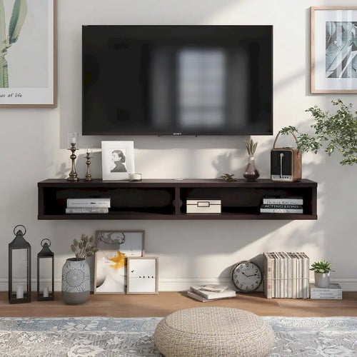 Consolle Multimediale Galleggiante da Parete a 2 Ripiani da 60" – Rovere Invecchiato / Cappuccino / Grigio Anticato / Nero