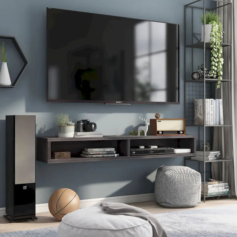 Consolle Multimediale Galleggiante da Parete a 2 Ripiani da 60" – Rovere Invecchiato / Cappuccino / Grigio Anticato / Nero