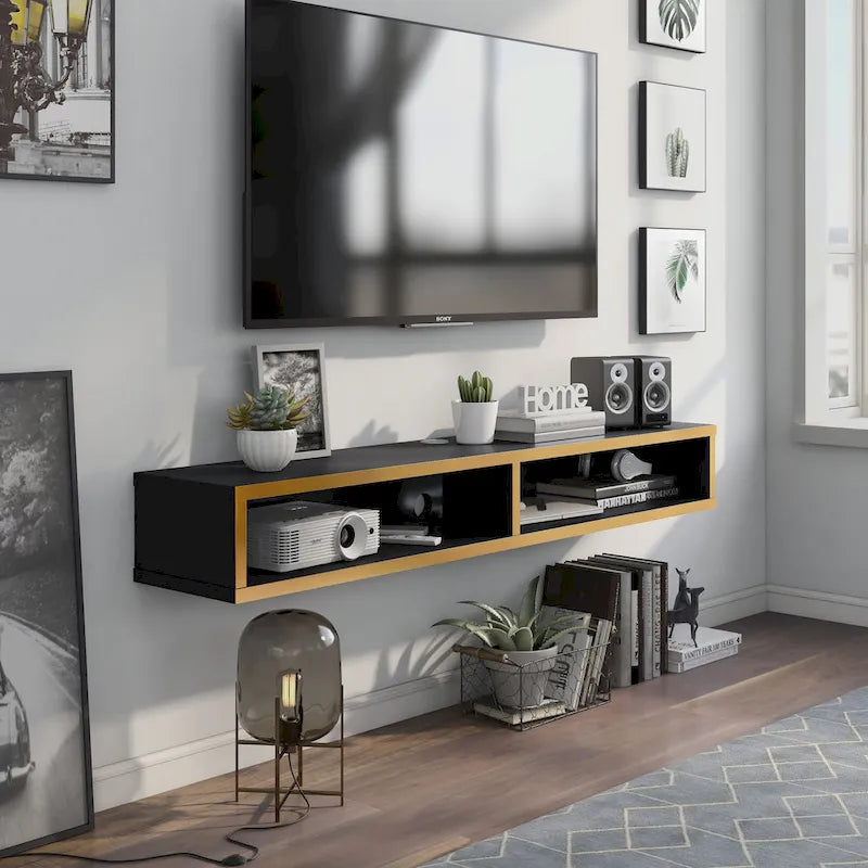 Consolle Multimediale Galleggiante da Parete a 2 Ripiani da 60" – Rovere Invecchiato / Cappuccino / Grigio Anticato / Nero