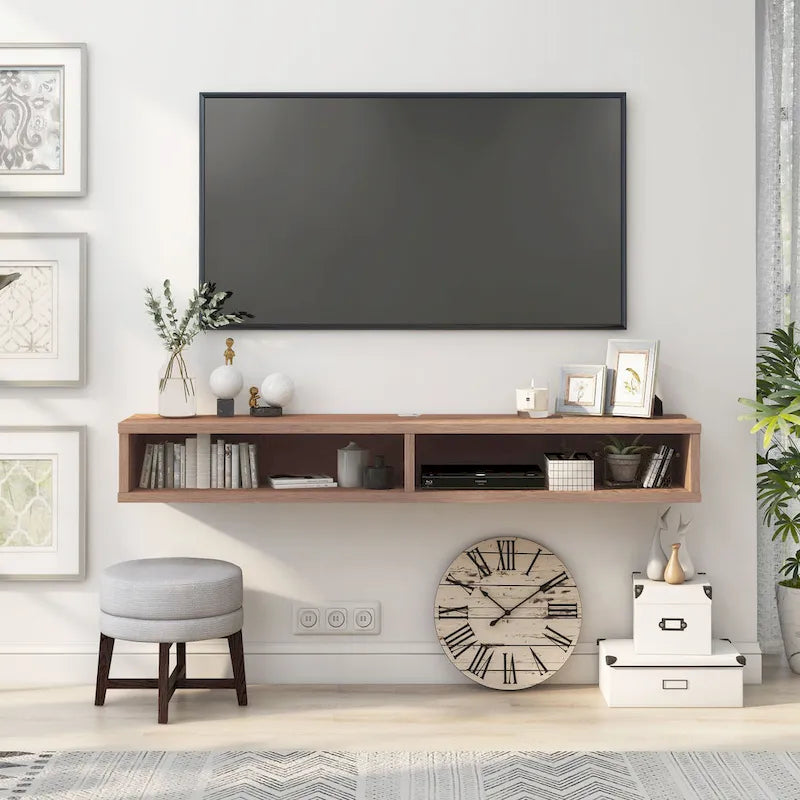 Consolle Multimediale Galleggiante da Parete a 2 Ripiani da 60" – Rovere Invecchiato / Cappuccino / Grigio Anticato / Nero