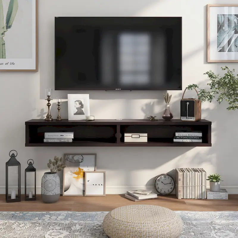 Consolle Multimediale Galleggiante da Parete a 2 Ripiani da 60" – Rovere Invecchiato / Cappuccino / Grigio Anticato / Nero