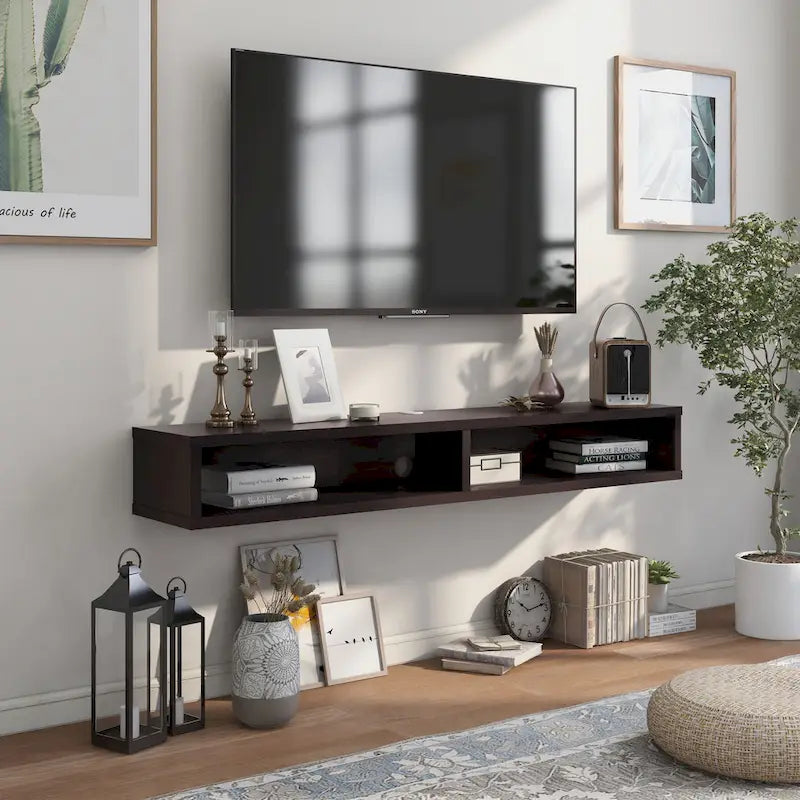 Consolle Multimediale Galleggiante da Parete a 2 Ripiani da 60" – Rovere Invecchiato / Cappuccino / Grigio Anticato / Nero