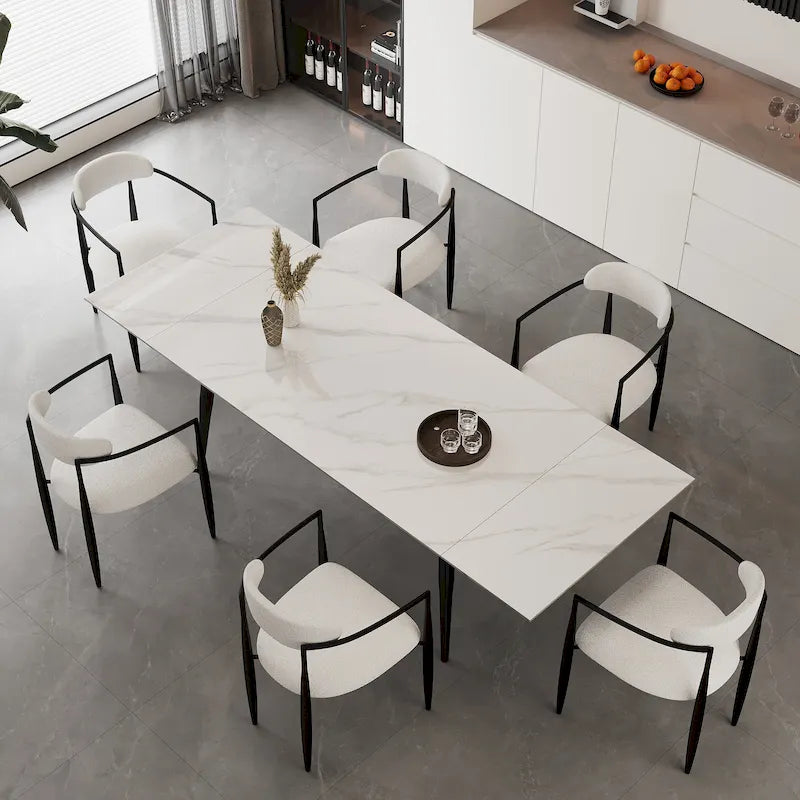Set da pranzo con tavolo allungabile in pietra sinterizzata, gambe e sedie bianche/nere, per 6-8 persone