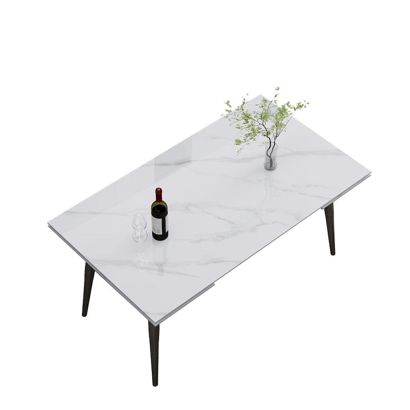 Set da pranzo con tavolo allungabile in pietra sinterizzata, gambe e sedie bianche/nere, per 6-8 persone