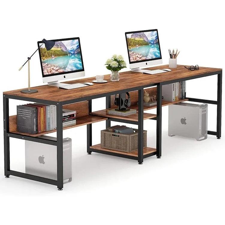 Scrivania 2 posti Marrone/Nero/Bianco/Grigio con libreria, Stile Industriale