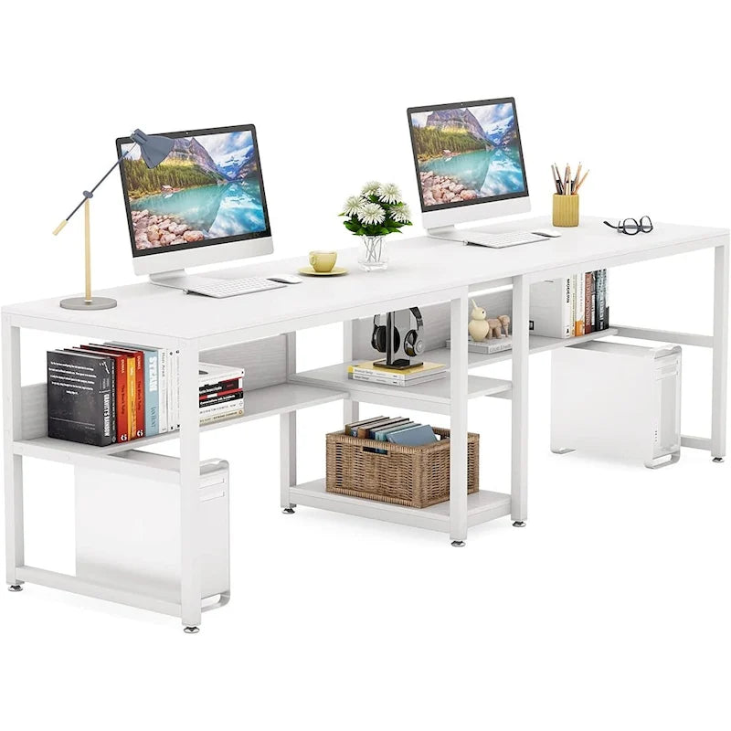 Scrivania 2 posti Marrone/Nero/Bianco/Grigio con libreria, Stile Industriale