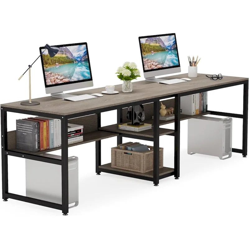 Scrivania 2 posti Marrone/Nero/Bianco/Grigio con libreria, Stile Industriale