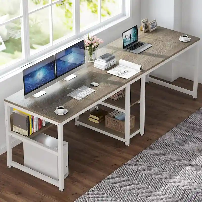 Scrivania 2 posti Marrone/Nero/Bianco/Grigio con libreria, Stile Industriale