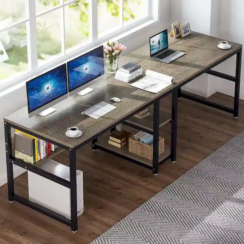 Scrivania 2 posti Marrone/Nero/Bianco/Grigio con libreria, Stile Industriale