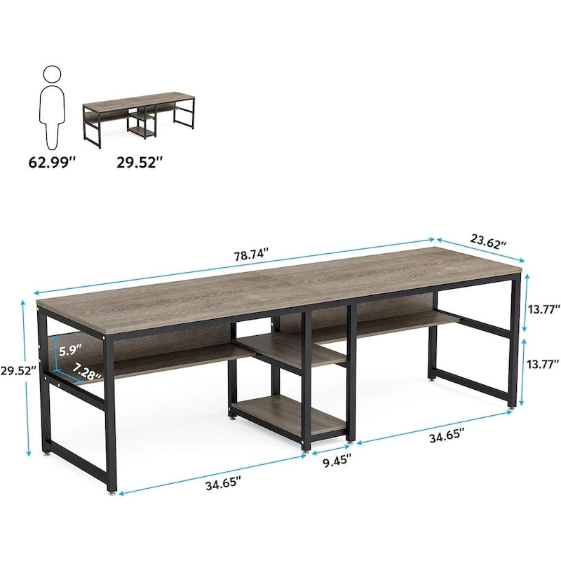 Scrivania 2 posti Marrone/Nero/Bianco/Grigio con libreria, Stile Industriale