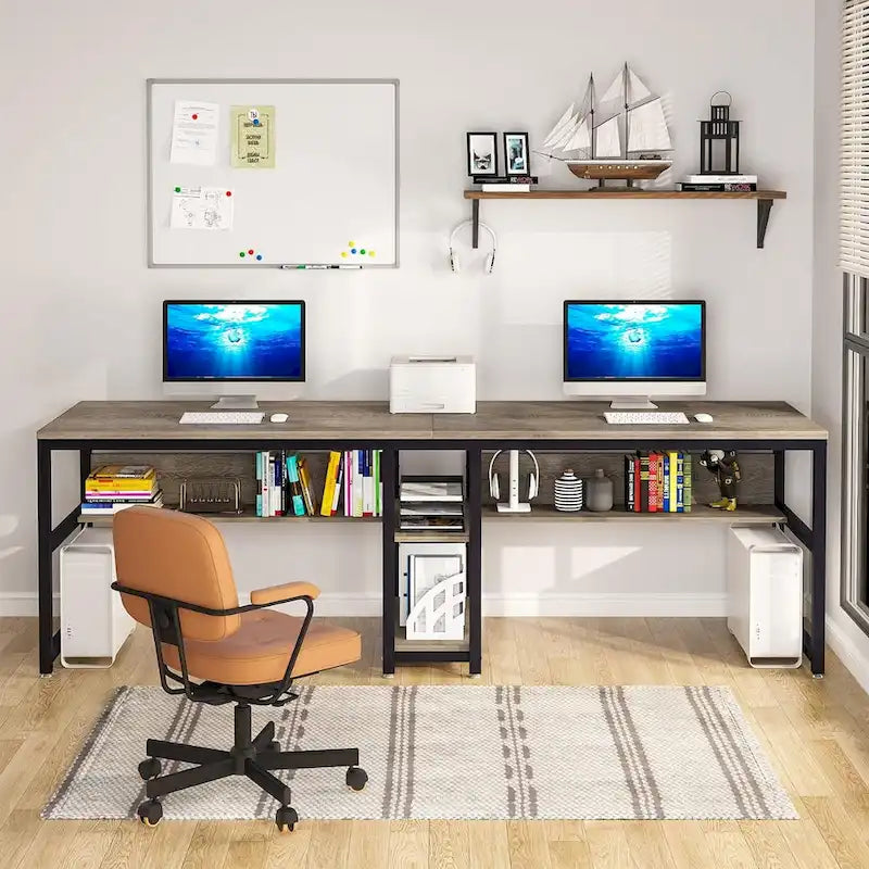 Scrivania 2 posti Marrone/Nero/Bianco/Grigio con libreria, Stile Industriale