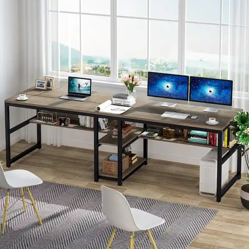 Scrivania 2 posti Marrone/Nero/Bianco/Grigio con libreria, Stile Industriale