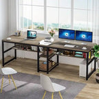 Scrivania 2 posti Marrone/Nero/Bianco/Grigio con libreria, Stile Industriale