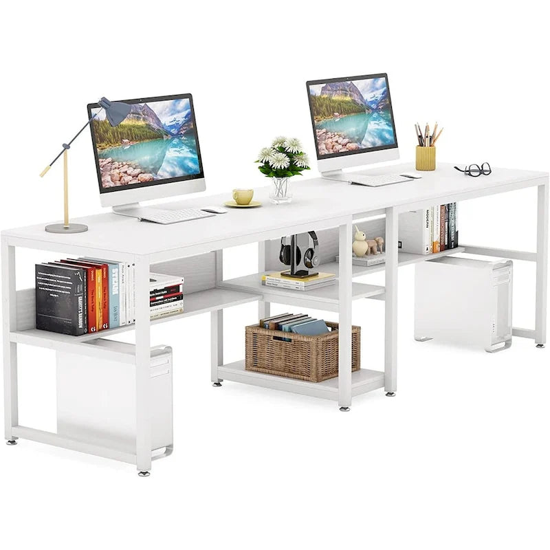 Scrivania 2 posti Marrone/Nero/Bianco/Grigio con libreria, Stile Industriale