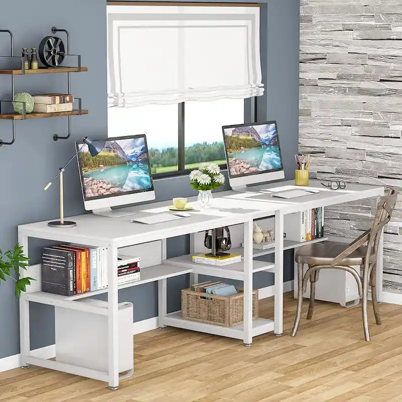 Scrivania 2 posti Marrone/Nero/Bianco/Grigio con libreria, Stile Industriale