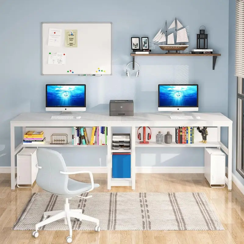 Scrivania 2 posti Marrone/Nero/Bianco/Grigio con libreria, Stile Industriale