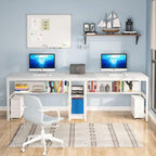 Scrivania 2 posti Marrone/Nero/Bianco/Grigio con libreria, Stile Industriale