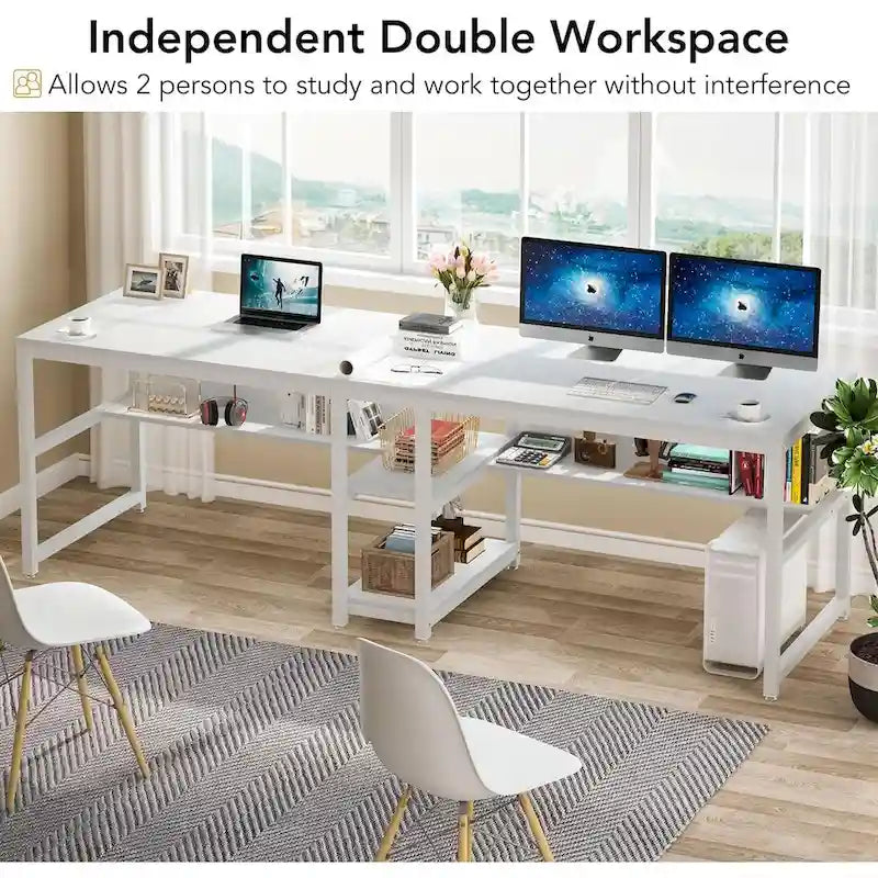 Scrivania 2 posti Marrone/Nero/Bianco/Grigio con libreria, Stile Industriale