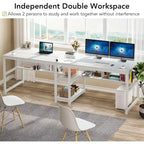 Scrivania 2 posti Marrone/Nero/Bianco/Grigio con libreria, Stile Industriale
