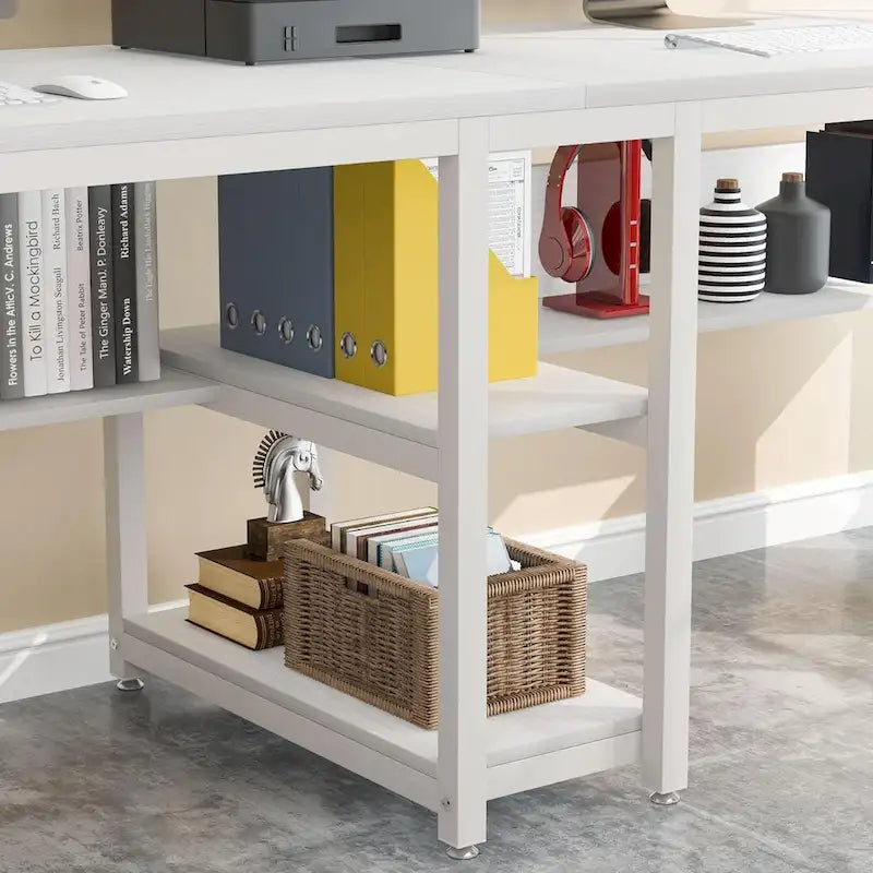 Scrivania 2 posti Marrone/Nero/Bianco/Grigio con libreria, Stile Industriale
