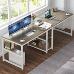Scrivania 2 posti Marrone/Nero/Bianco/Grigio con libreria, Stile Industriale