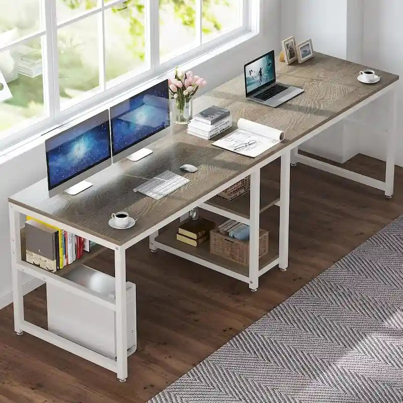Scrivania 2 posti Marrone/Nero/Bianco/Grigio con libreria, Stile Industriale