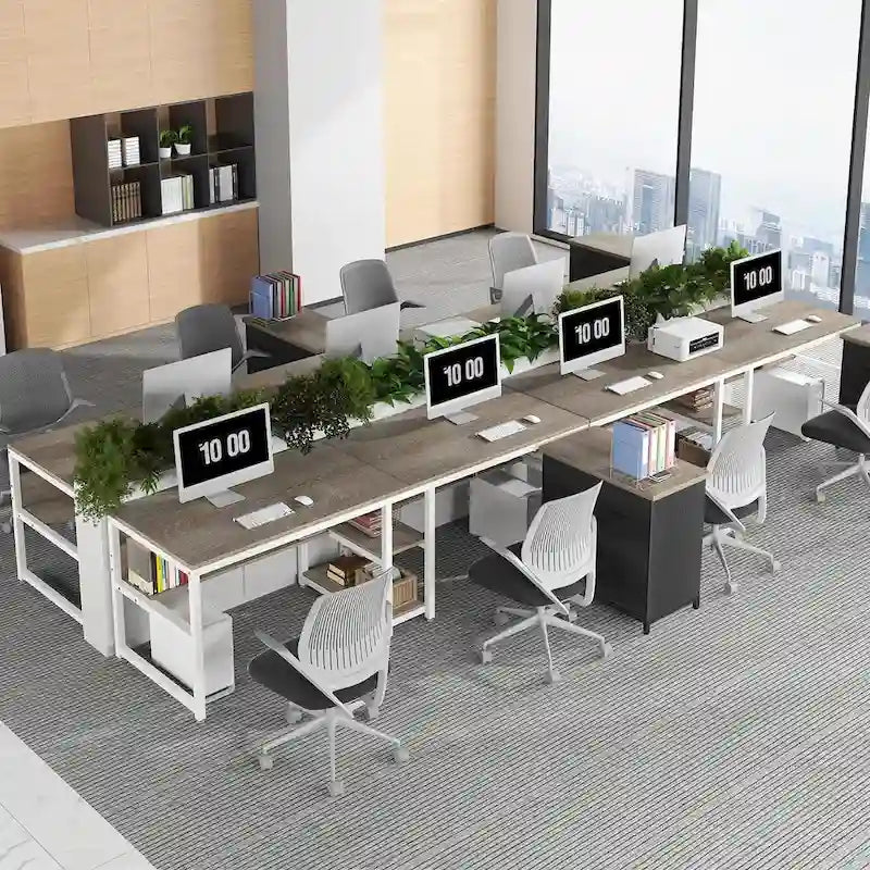 Scrivania 2 posti Marrone/Nero/Bianco/Grigio con libreria, Stile Industriale
