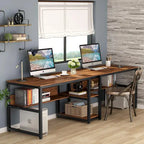 Scrivania 2 posti Marrone/Nero/Bianco/Grigio con libreria, Stile Industriale