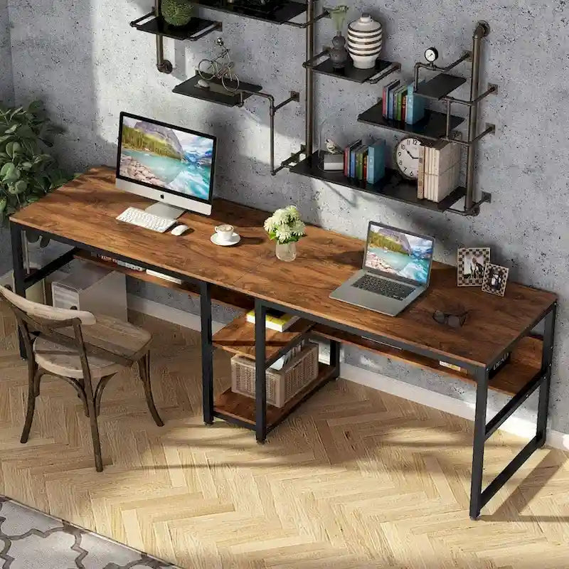 Scrivania 2 posti Marrone/Nero/Bianco/Grigio con libreria, Stile Industriale