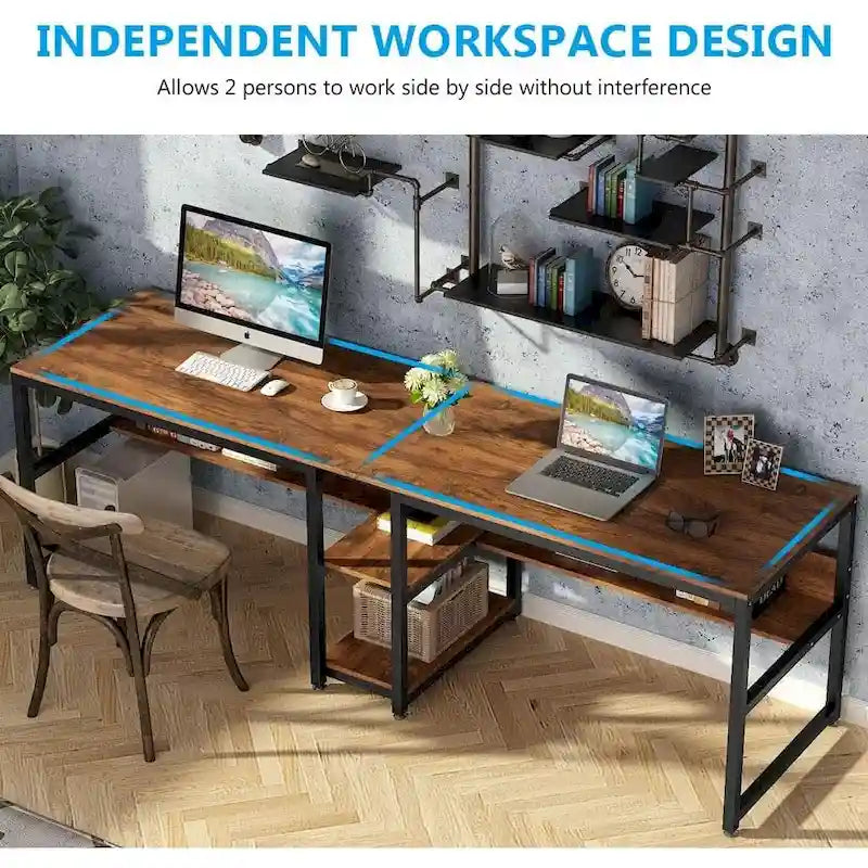 Scrivania 2 posti Marrone/Nero/Bianco/Grigio con libreria, Stile Industriale