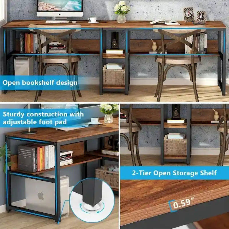 Scrivania 2 posti Marrone/Nero/Bianco/Grigio con libreria, Stile Industriale