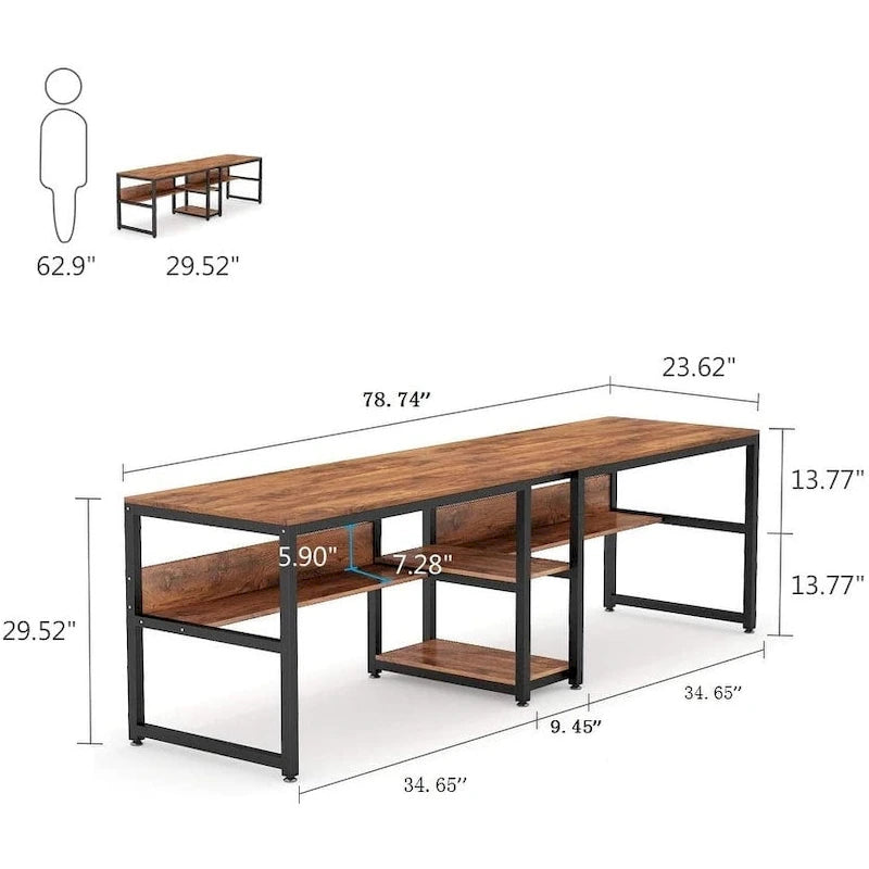 Scrivania 2 posti Marrone/Nero/Bianco/Grigio con libreria, Stile Industriale